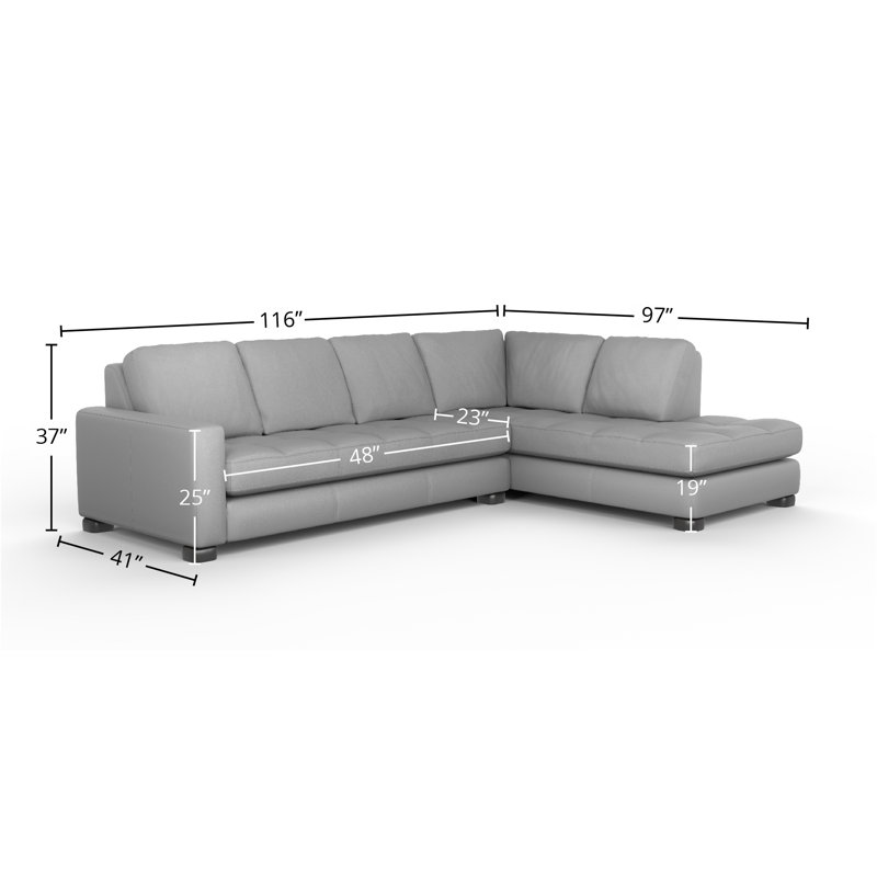 Brooklyn 100% Full Top Grain Leather Sectional, Fantasy Silver Genuine Leather, Right Hand Facing
