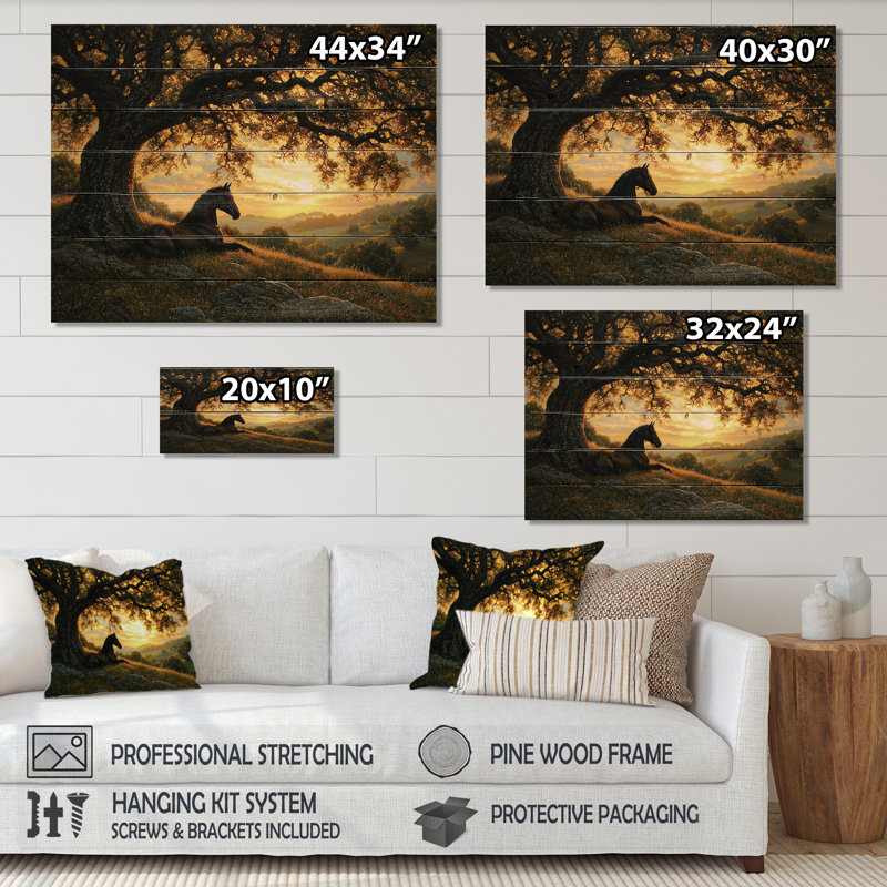 Cheval et le chêne IV - Art animalier en bois sur bois de pin naturel, H 30 po x l 40 po