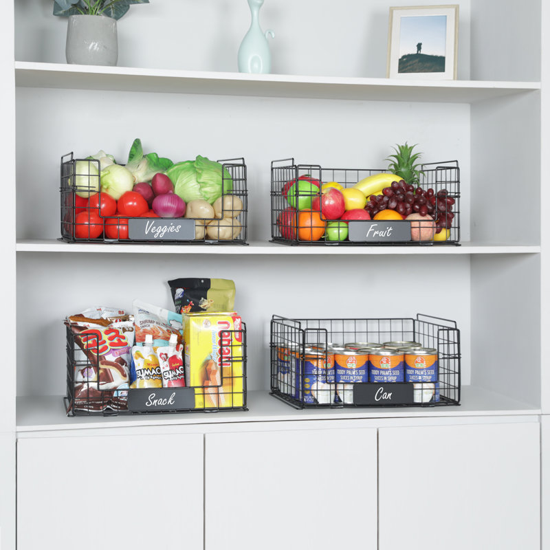 4 Pack XXL Stackable Wire Baskets with Handles for Pantry Storage and Organization, Fruit and Vegetable Basket with Name Plates, Metal Storage Bins for Snack Can Fruit Vegetables