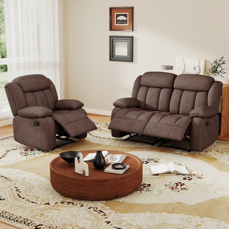 Ensemble 2 pièces de salon inclinable manuel en microfibre moderne, 2 pièces: causeuse, fauteuil, Brun