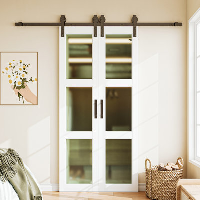 Double porte de grange coulissante en verre givré H 84 po à 3 portes doubles avec porte en bois massif et quincaillerie d'installation 36 po x 84 po