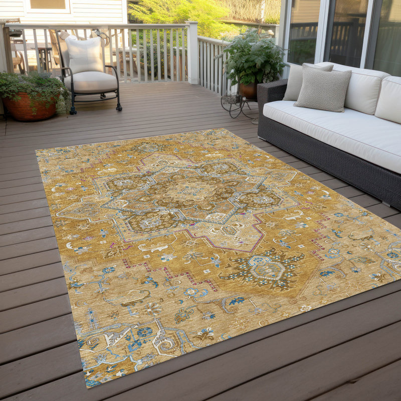 Gold Rectangular Synthetic Washable Indoor/Outdoor Rug 3' x 5'