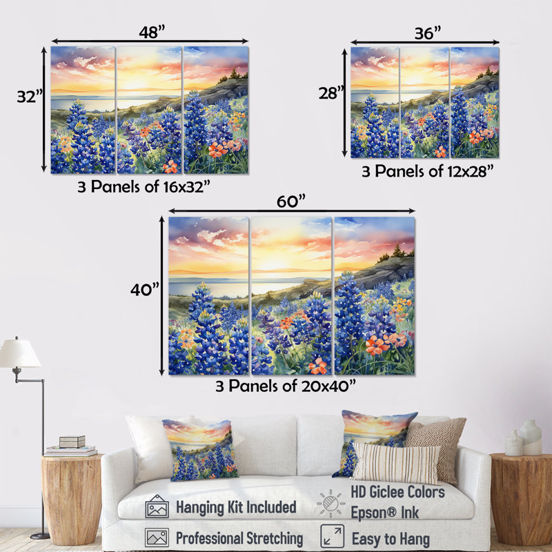 «Blue Bonnets Sunset I», ensemble d'art sur toile Blue Bonnets, H 28 po x l 36 po x P 1 po, Toile tendue