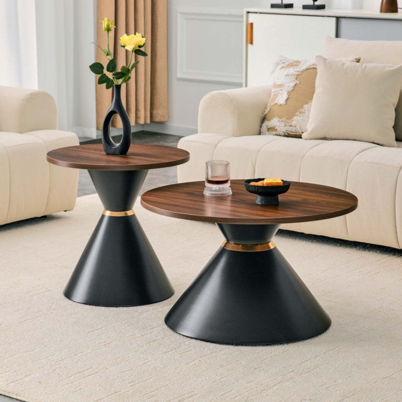 Ensemble de tables basses rondes 2 pièces à la mode, comptoir texturé en noyer avec base en métal stable, table d'appoint facile à nettoyer dans le salon et la chambre à coucher
