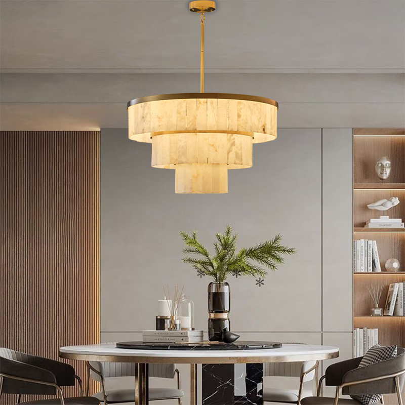 34.3" Dual-Layer Round Drum Kitchen Island Alabaster Chandelier, Gold, 16, 3