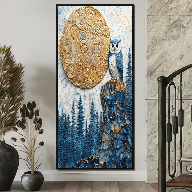 Genya Owl Into Saphir Forest Landscape III - impression sur toile de hibou, Cadre flottant imprimé sans passe-partout, Noir