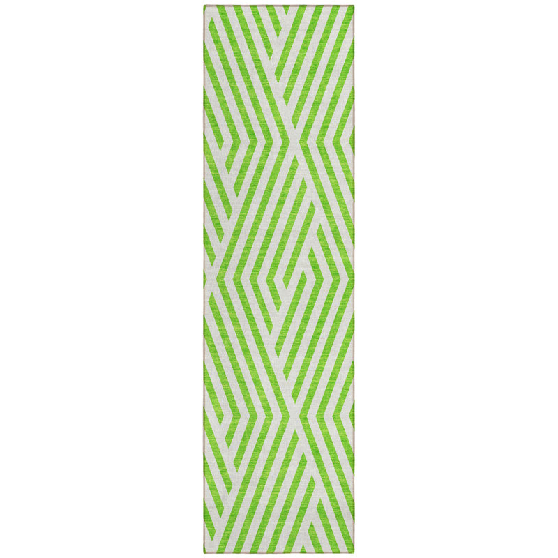 8' Runner Lime Green and White Geometric Washable Non Skid Indoor Outdoor Runner Rug