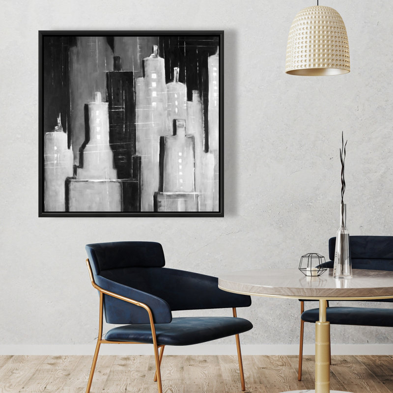 Paysage urbain abstrait noir et blanc - Toile encadrée, H 37,25 po x l 37,25 po