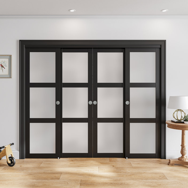 Portes coulissantes doubles en verre givré avec ensemble de quincaillerie d'installation, 120 po x 80 po, Noir