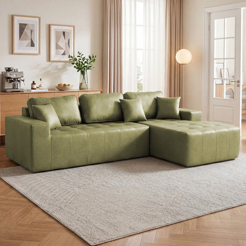 Canapé modulaire en L en similicuir avec méridienne, aucun assemblage requis, Similicuir vert grisâtre