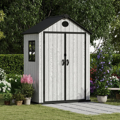EHHLY 5.3x3.4 FT Resin Outdoor Storage Shed, 135 Cuft Garden Tool Sheds & Outdoor Storage Plastic Shed with Floor, 7FT Tall Outside Lawn Mower Storage Shed with Side Window