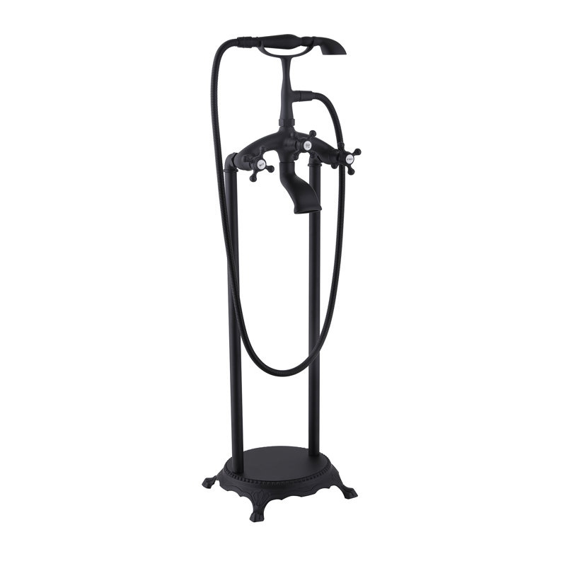 39.37" Solid Brass Freestanding Bathtub Faucet, Floor Mount Tub Filler with Handheld Spray Telephone Shape, Black