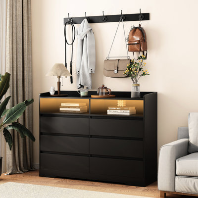 Black Living Room Sideboard Storage - 6 Drawers Cabinet, Offers Plentiful Space For Books & Multimedia With Secure Cabinet ,