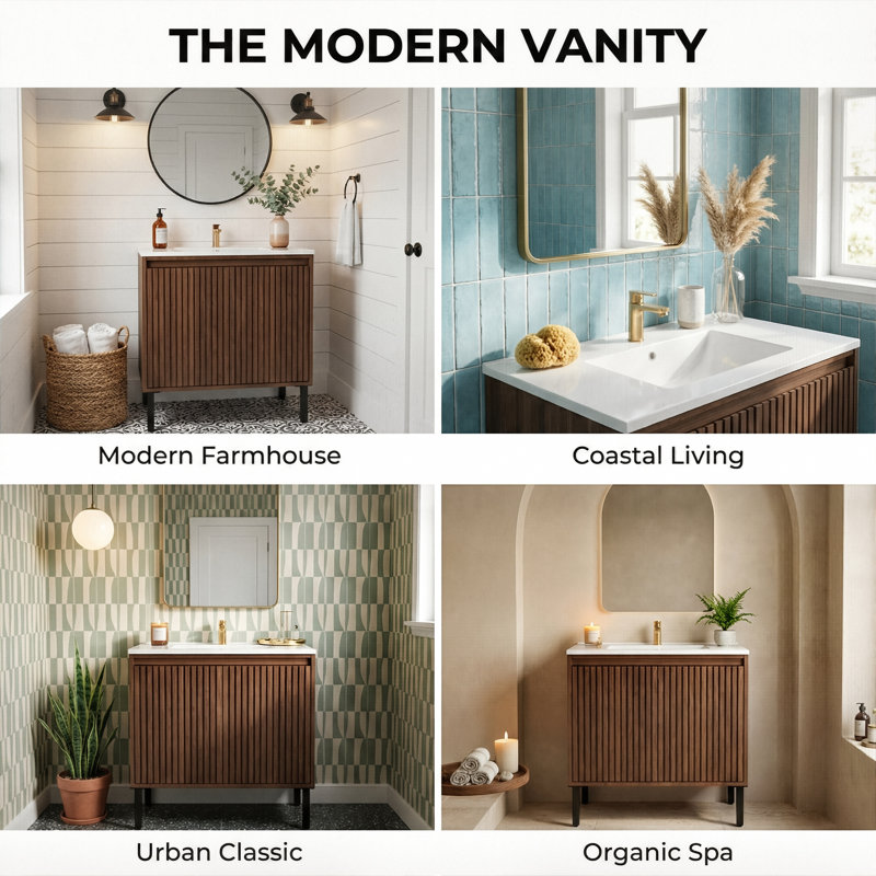 30" Modern Floor-Standing Bathroom Vanity With Ceramic Sink, Soft-Close Drawers & Sturdy Base, Walnut, 29"