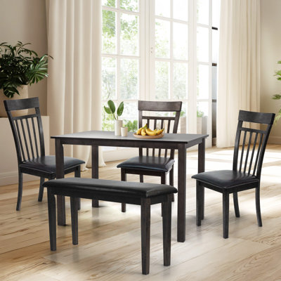 5 Pc Dining Kitchen Set of Rectangular Table, 3 Warm Chairs and 1 Bench, Classic Style Solid Wood