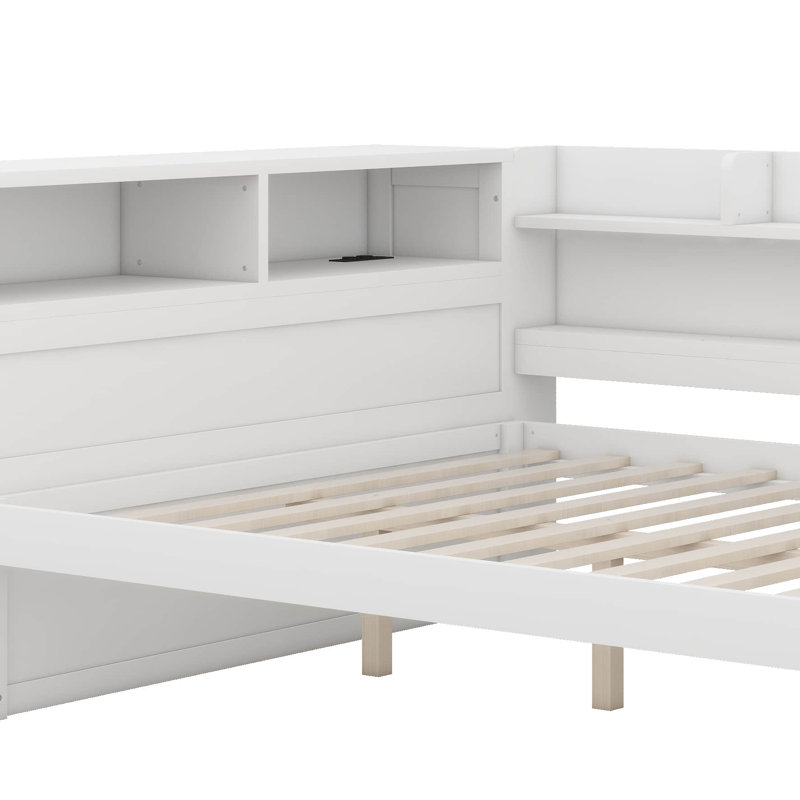 Full Size Daybed With Storage Cabinets And Shoe Cabinet, Wood Corner Bed With USB Ports, White