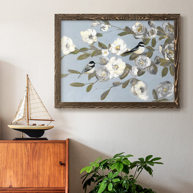 Chickadees And Blossoms I, reproduction d'art sur toile, Noyer, H 26 po x l 38 po x P 1,5 po