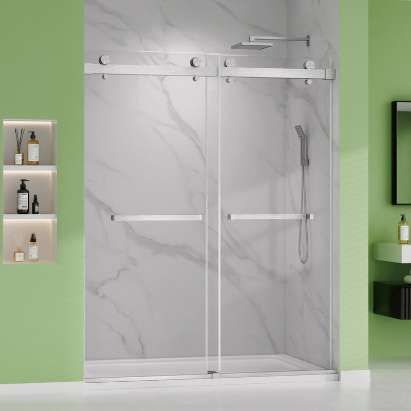 60'' W X 74'' H Door Double Sliding Frameless Shower Door With Easy Clear Tempered Glass, Brushed Nickel