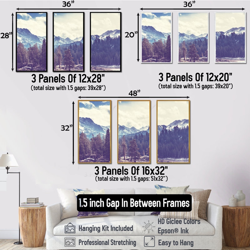 «Sierra Nevada Mountains Nature», ensemble de 3 toiles encadrées, H 28 po x l 36 po x P 1 po, Noir