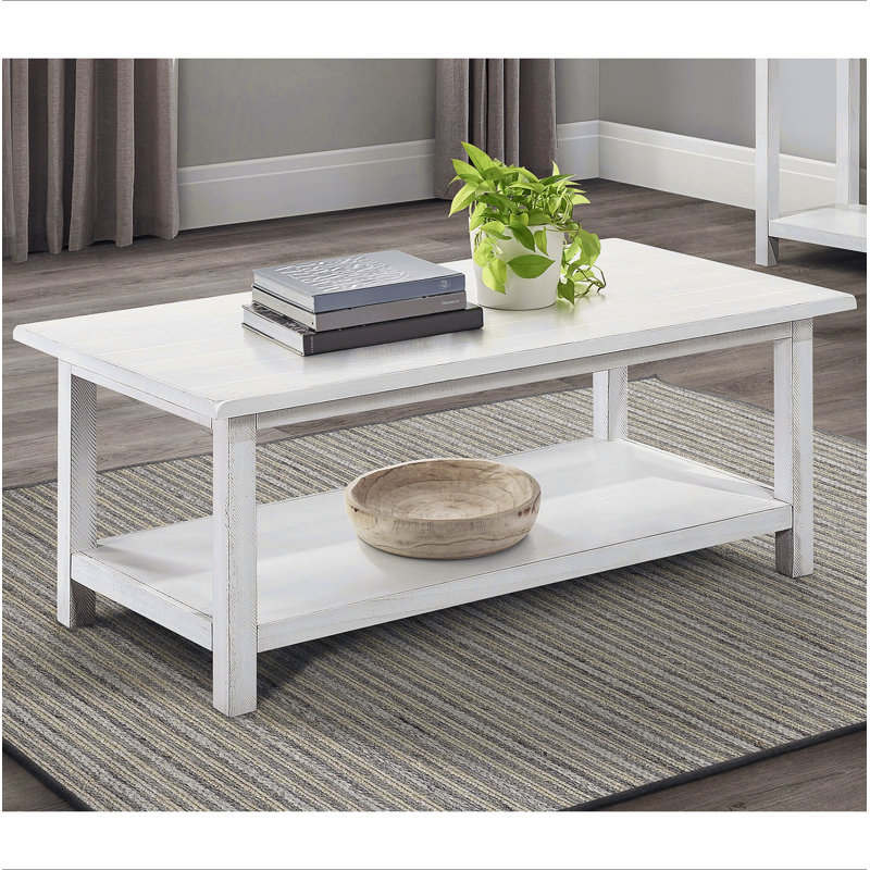 Table basse en bois blanc patiné avec tablette Castleton, Blanc antique