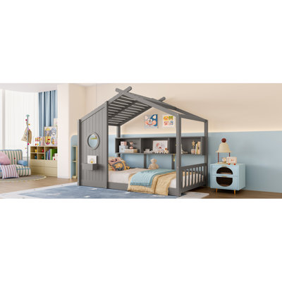 Lit simple pour enfant, lit Montessori pour enfant avec tablette de rangement, lit de jeu avec toit, gris