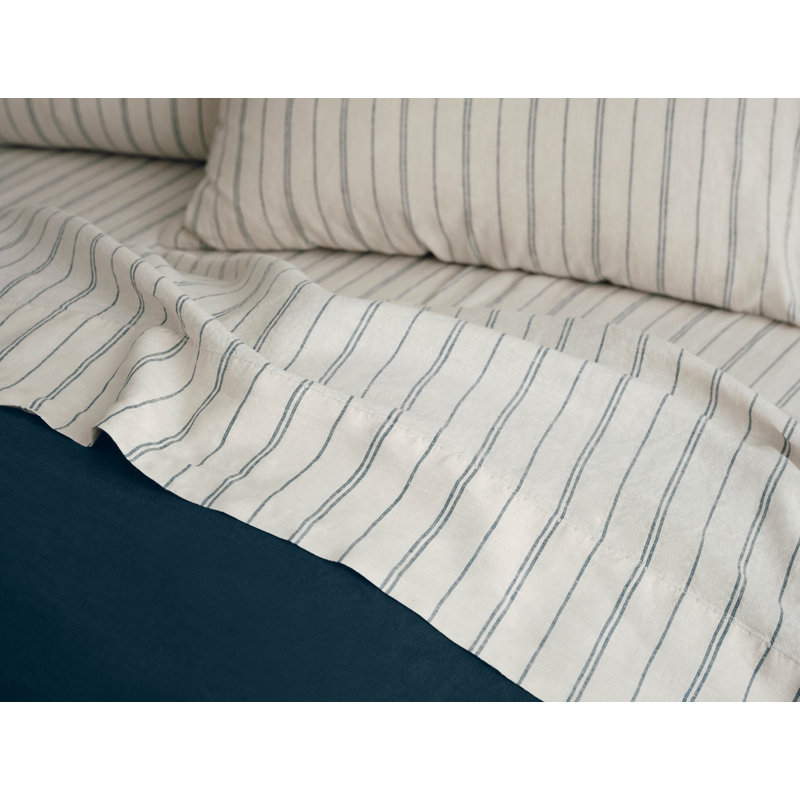 Organic Relaxed Linen Sheet Set, Queen Sheet Set with 2 Pillowcases, Fog Chambray Indigo Stripe