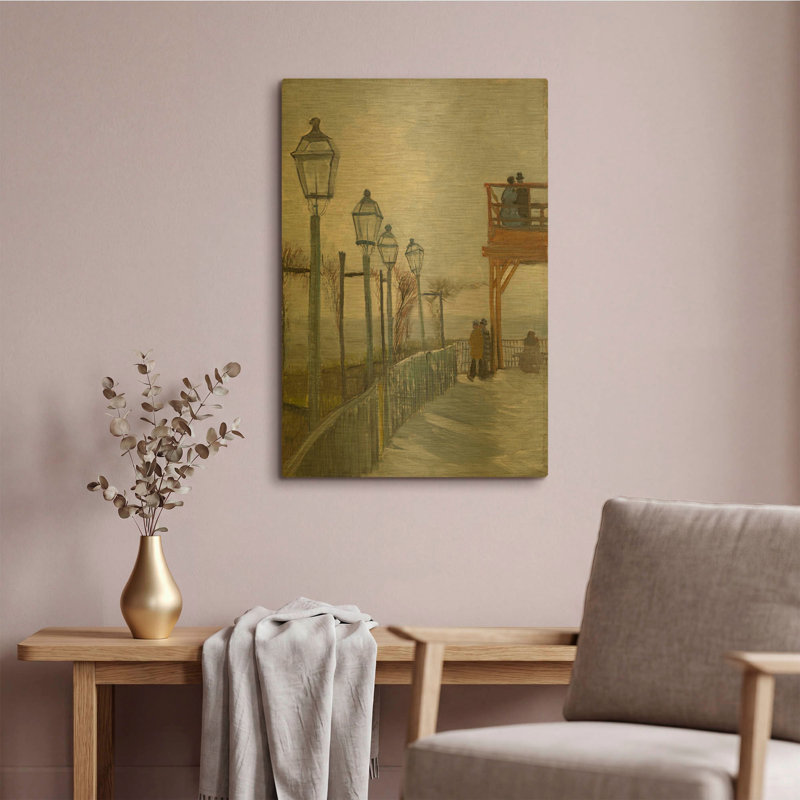 «Terrasse et pont d'observation au Moulin de Blute-Fin» par Vincent Van Gogh, art mural en métal doré, 16 po x 24 po