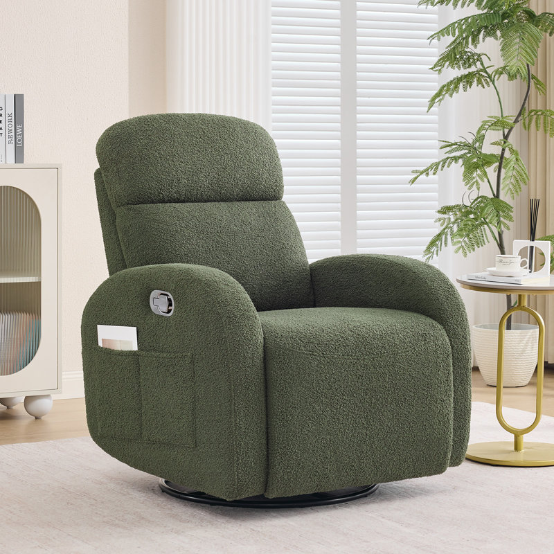 Delba 37"Modern Upholstered Manual Swivel Rocker Glider Recliner Nursery Chair, Green Teddy, No