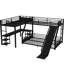 Lit superposé en forme de L avec lit mezzanine, glissade et charge, noir, très grand lit simple / très grand lit double, bureau confortable avec environnement de sommeil noir, charge pour vos gadgets