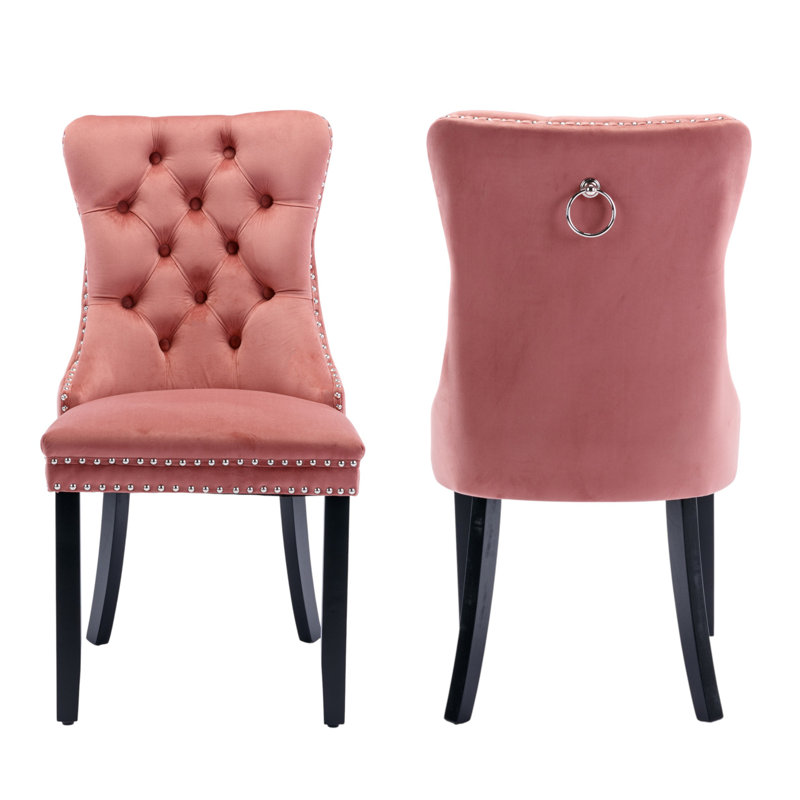 Tufted Velvet Wing Back Side Dining Chairs, Black, Peach