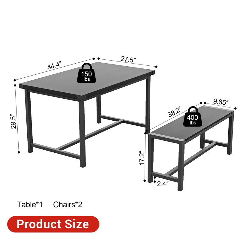 Ensemble de table de salle à manger 3 pièces pour 4 avec 2 bancs - Table de cuisine peu encombrante avec structure en métal en forme de H et protecteurs de coin - Finition noire classique pour petits espaces, appartements