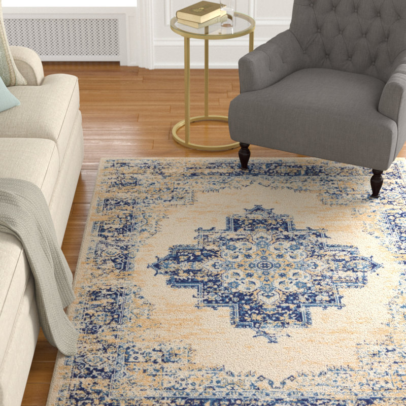 Burnie Oriental Blue/Ivory Area Rug, Rectangle 7' x 10'