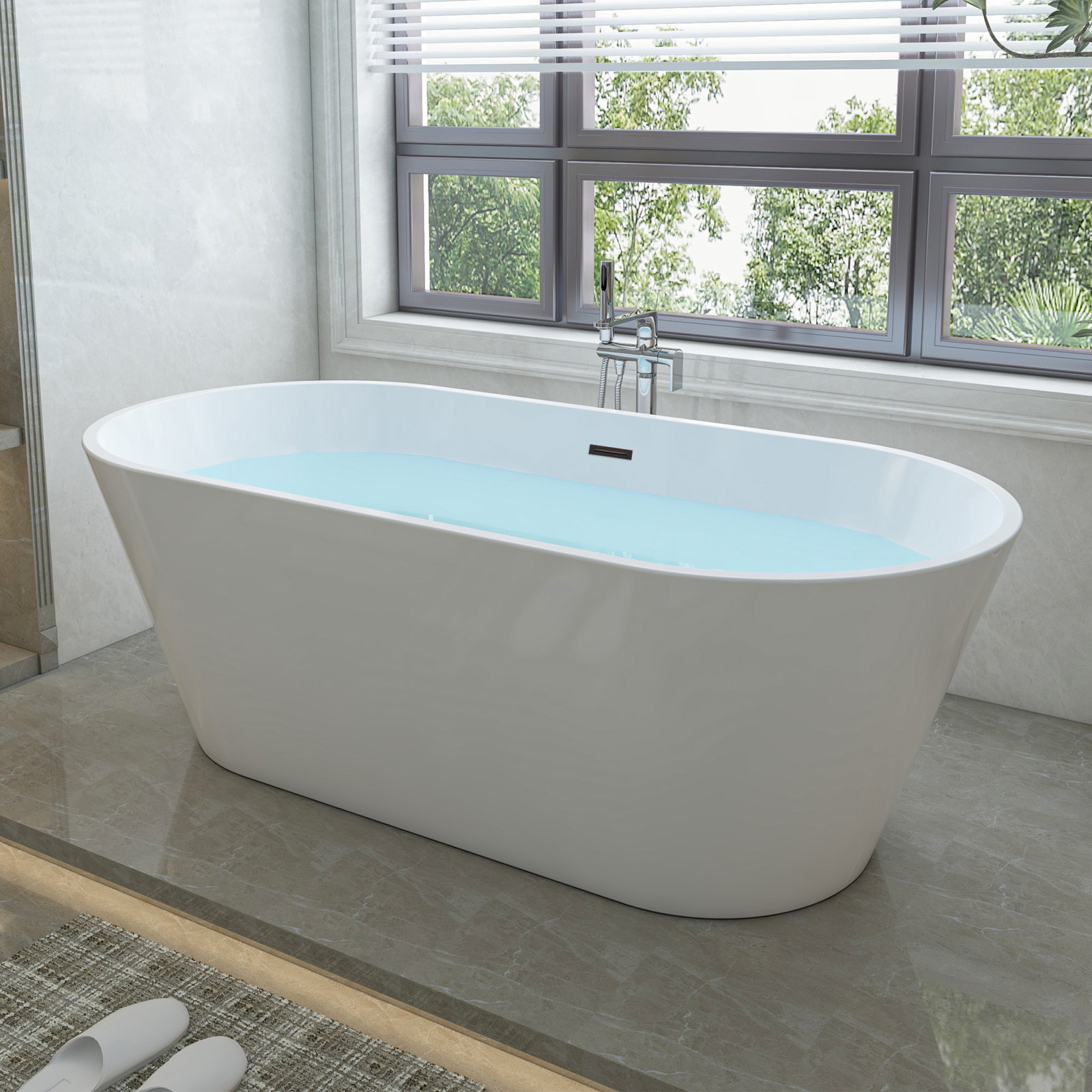 Iris 59" Freestanding Soaking Acrylic Bathtub, White/Oil Rubbed Bronze