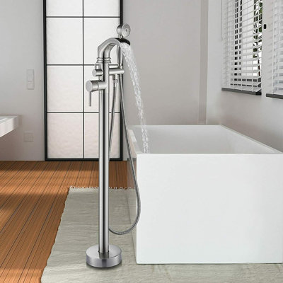 Brushed Nickel Freestanding Tub Faucet set Waterfall Tub Filler w/Hand Shower Floor Mount