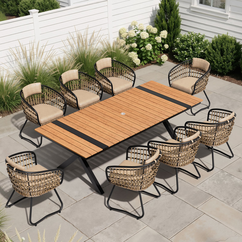 8 - Person Aluminum Outdoor Dining Set with Umbrella Hole and Removable Cushion, Brown/Beige