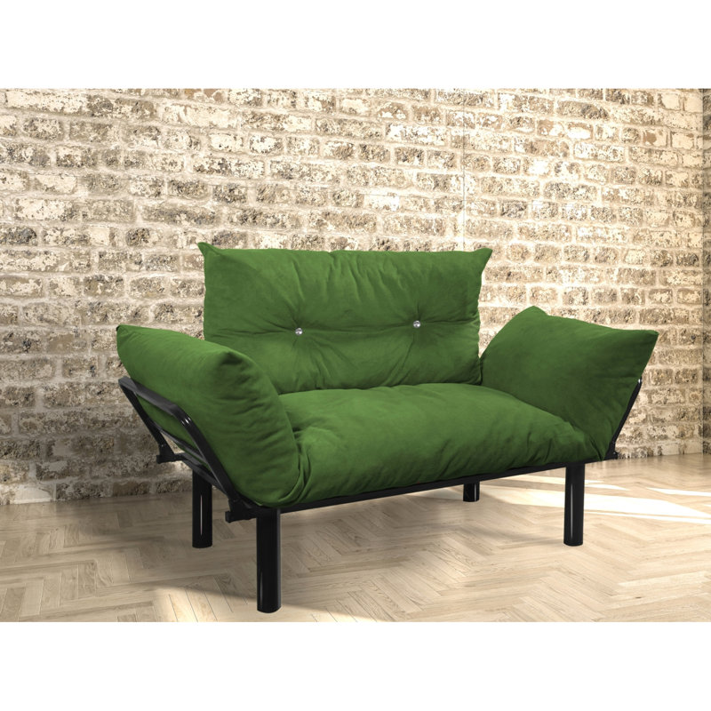 Sofa deux places kaki. Petit sofa peu encombrant pour les salons et les chambres. Pieds hauts pour un nettoyage facile. Disponible en plusieurs coloris. Assemblage requis. Rembourrage en mousse. Structure en métal. Profondeur : 62 cm x