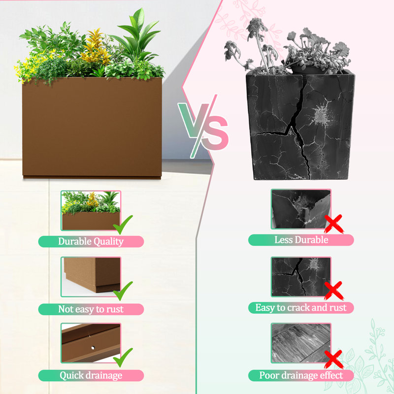 Large Rectangular Planter - Metal Rectangular Planter Box with Drainage Holes for Indoor and Outdoor Use, Brown
