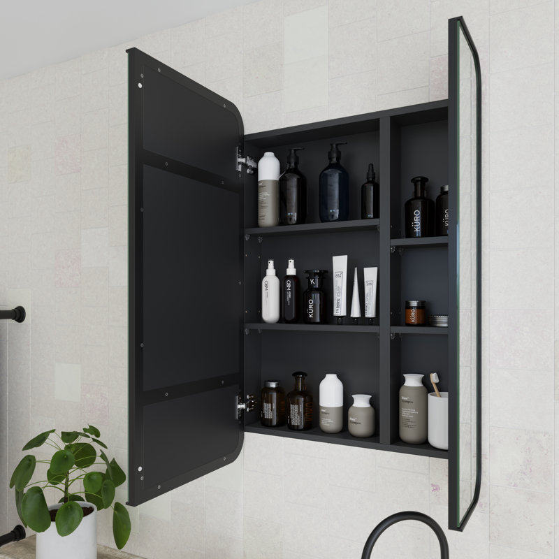 Recessed Frameless Dual Door Medicine Cabinet with Adjustable Shelves, Black
