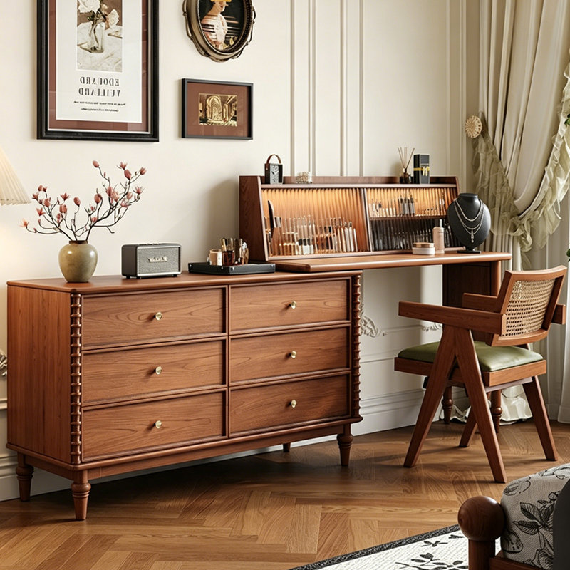 Coiffeuse extensible de 23,62 po en chêne rétro, grande capacité de rangement, avec étagère en verre cannelé, motif ondulé français, multifonctionnelle pour s'habiller de maquillage et pour le bureau personnel