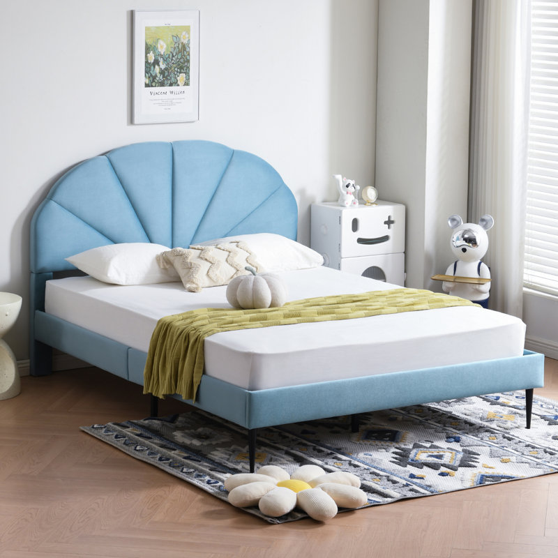 Tête de lit plateforme capitonnée Deeb, Double, Velours bleu ciel