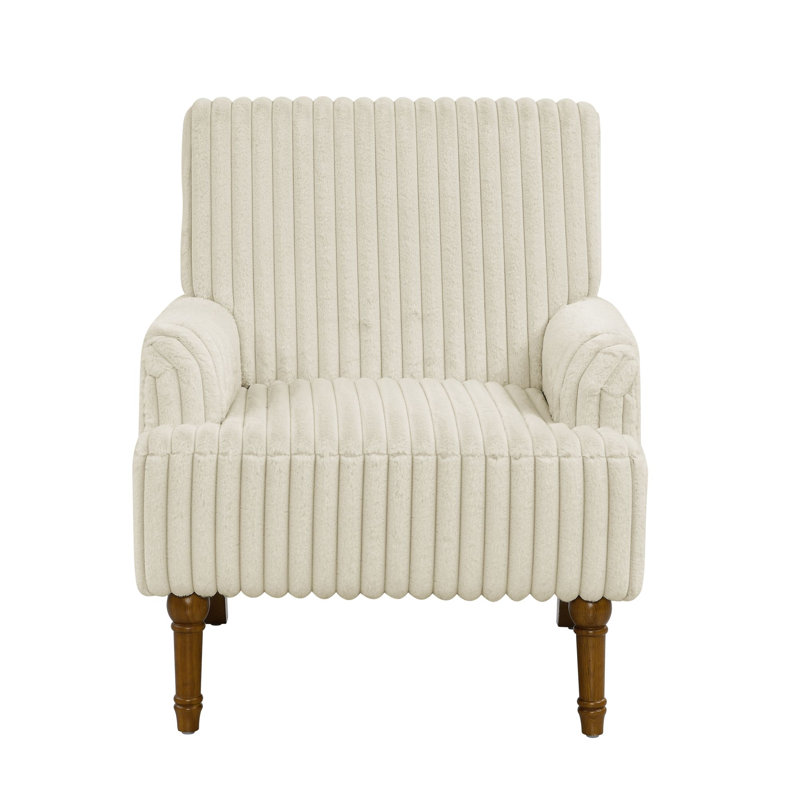Fauteuil d'appoint moderne en velours côtelé beige de 3,5 cm d'épaisseur, avec dossier confortable et pieds en bois massif tourné.