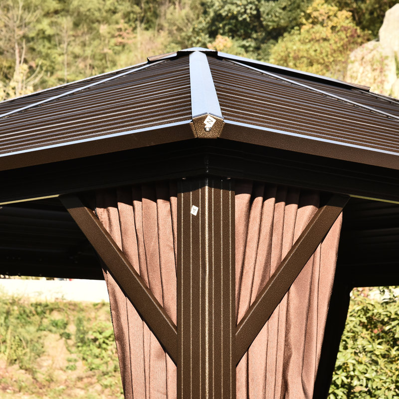 Outsunny 12' x 10' Brown Aluminum Hardtop Gazebo with Curtains