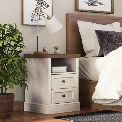 Farmhouse Nightstand With Charging Station, 2 Drawers And Open Shelf, White And Brown