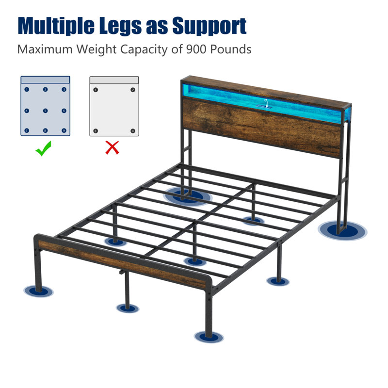 Structure de lit double en métal avec tête de lit, lumières DEL, ports USB et rangement
