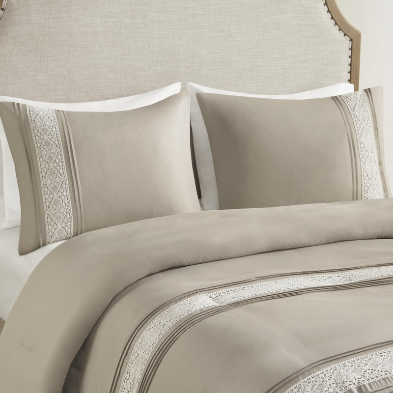 Lacey 7 Piece Lace Trim Comforter Set with Throw Pillows, Queen Comforter + 6 Additional Pieces, Taupe