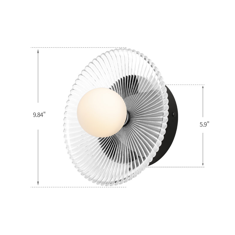 Applique murale à DEL demi-lune intégrée avec abat-jour en verre nervuré transparent, Matte Black