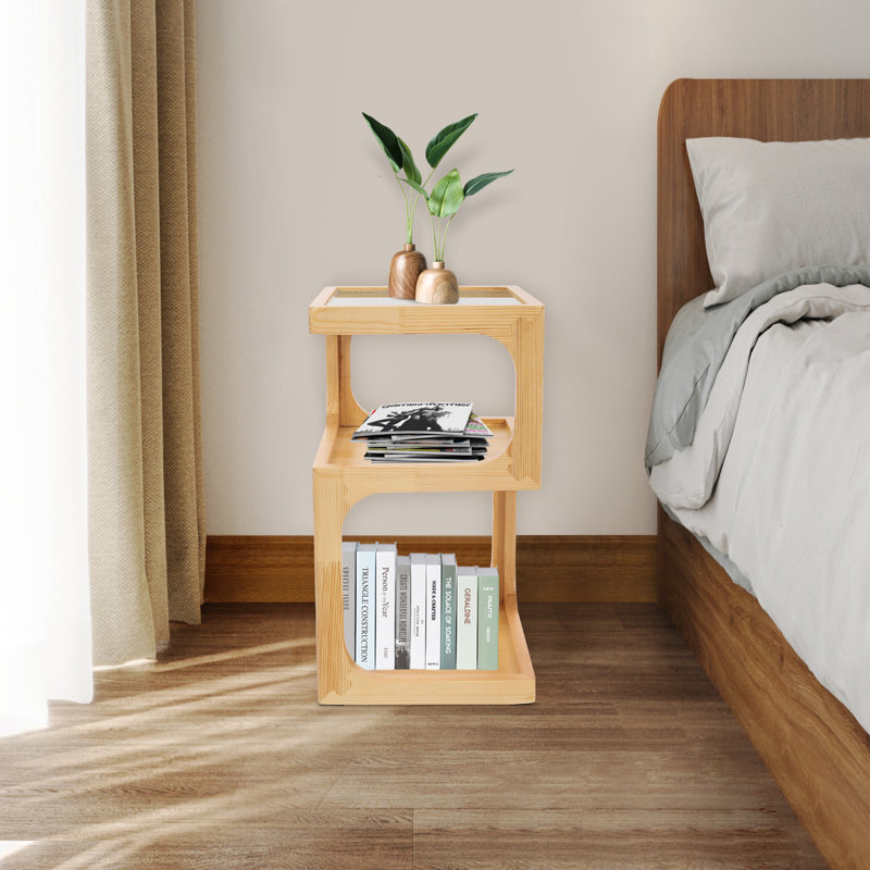 3-Tier Solid Wood Nightstand For Small Spaces With Open Storage, Natural