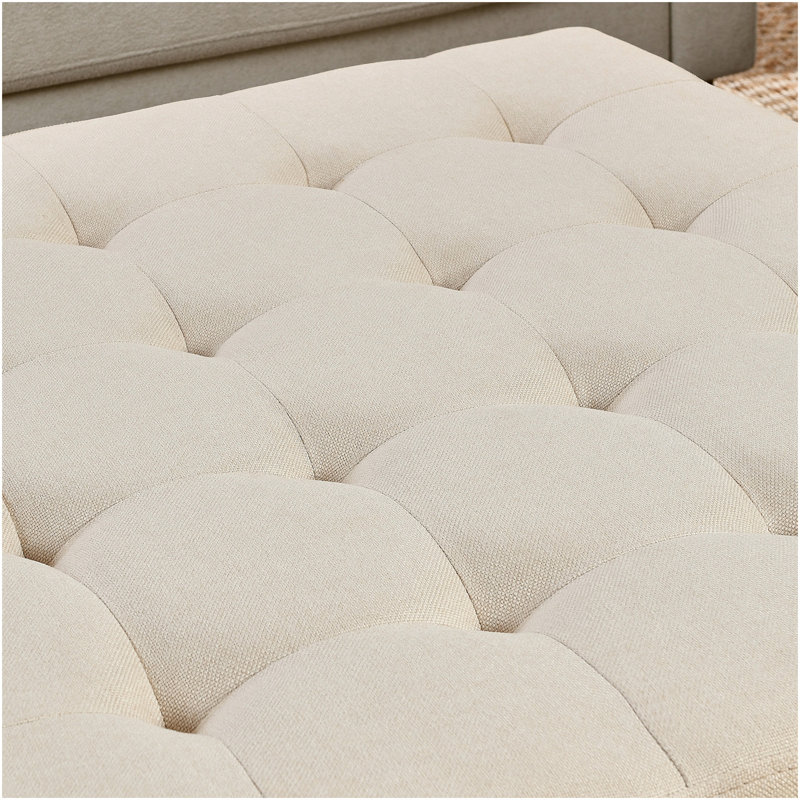 Grande table basse avec repose-pieds carré en lin capitonné avec tablette et cadre en bois de hêtre, repose-pieds surdimensionné pour salon, bureau, chambre à coucher, extérieur IVOIRE