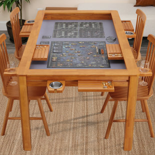 Board Game Table With Removable Top, Heirloom-quality Solid Wood Dining & Gaming Table For 4–6 Players, 54" X 31" Play Area, Leaf Storage Rack, Neoprene Play Mat, 6 Cup Holders & Trays