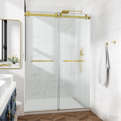 48x76" Frameless Double Sliding Shower Door, Double Shower Door, 3/8″ (10mm) SGCC Tempered Glass, Stainless Steel, Brushed Gold